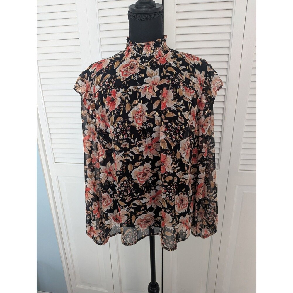 Maurices Top Womens L Boho Multi Floral Smock Neck Ruffle Sheer Blouse Romantic